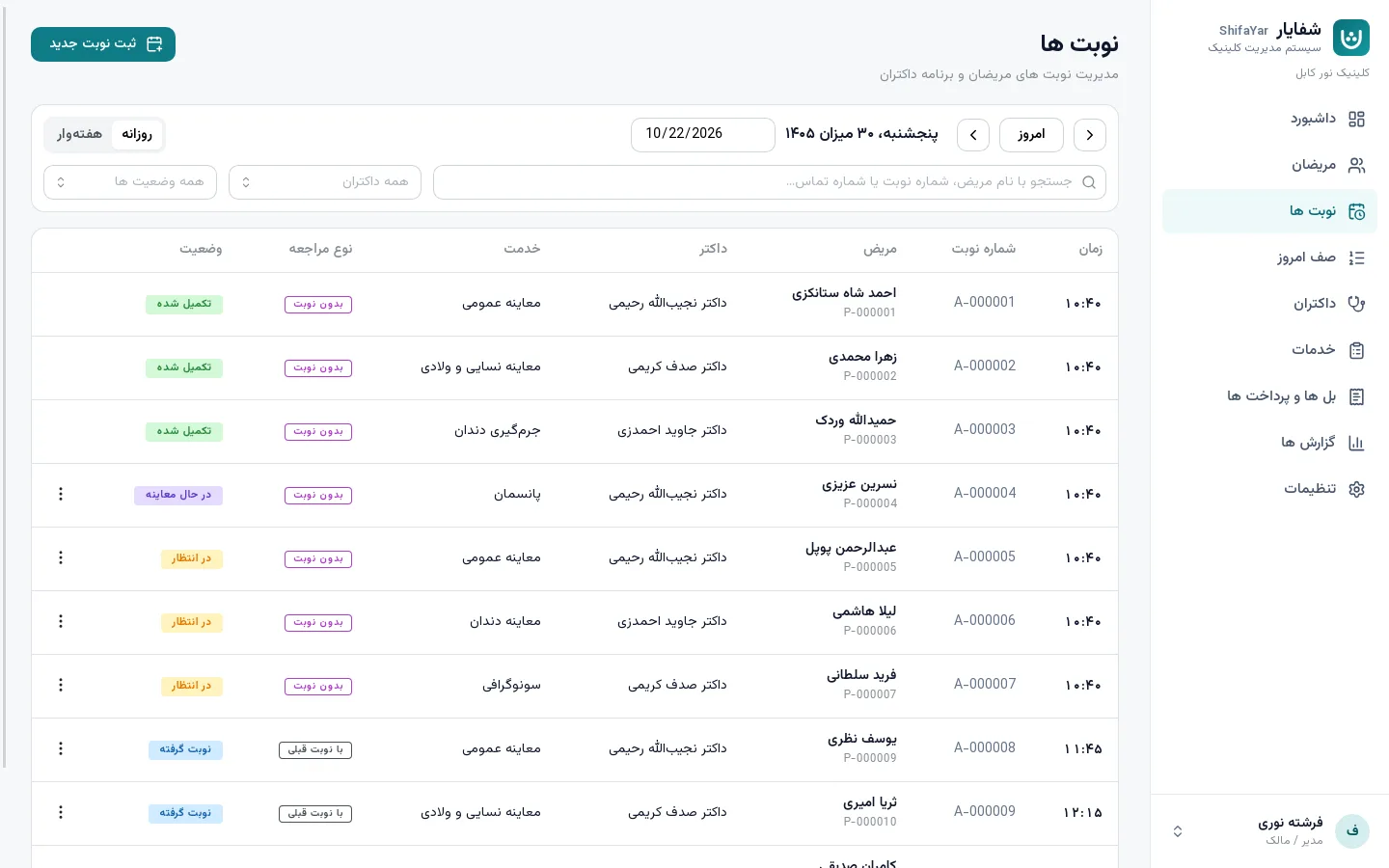 تصویر برنامه شفایار: نوبت‌ های روز